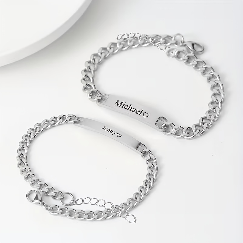 Custom Stainless Steel Cuban Couple Bracelet, Personalized Gift